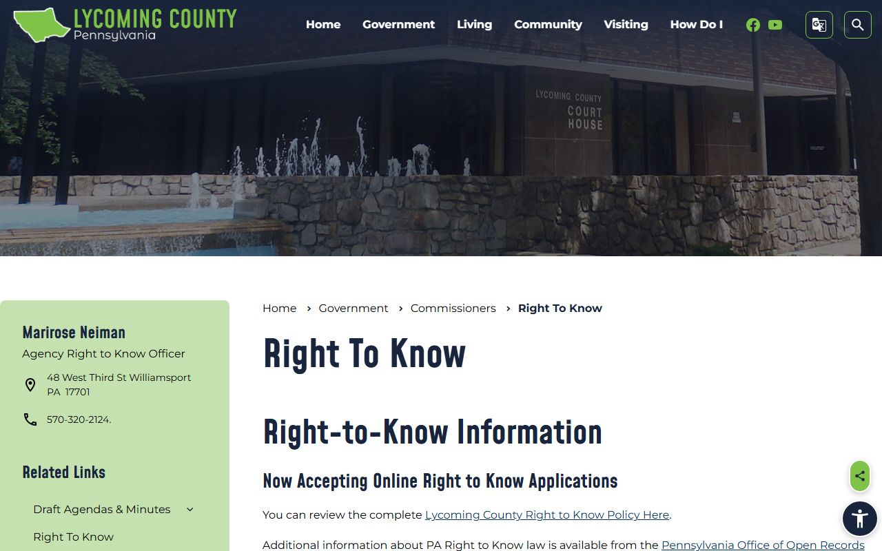Lycoming County Right-to-Know page for inmate records requests