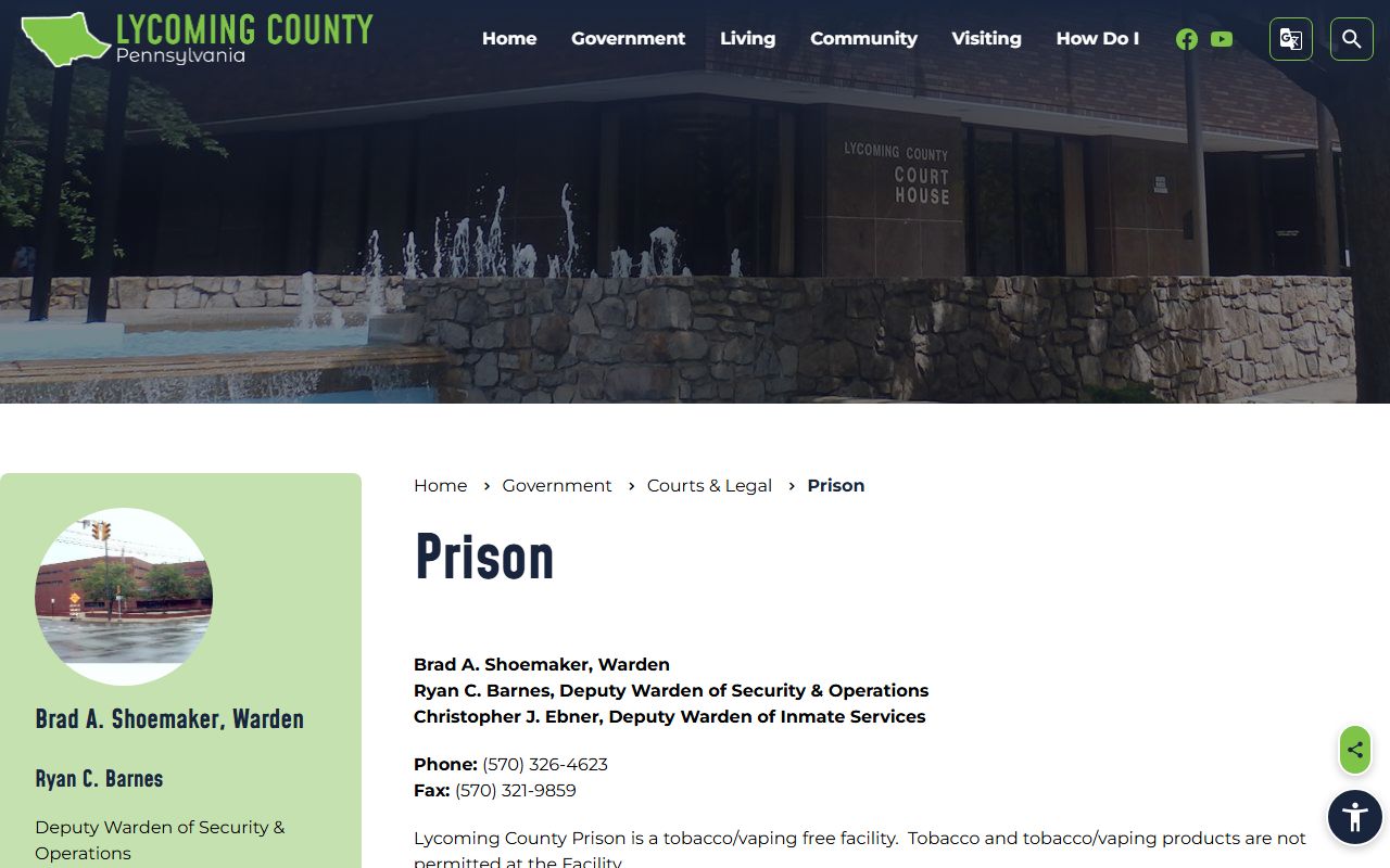 Lycoming County Prison page for inmate search and jail records