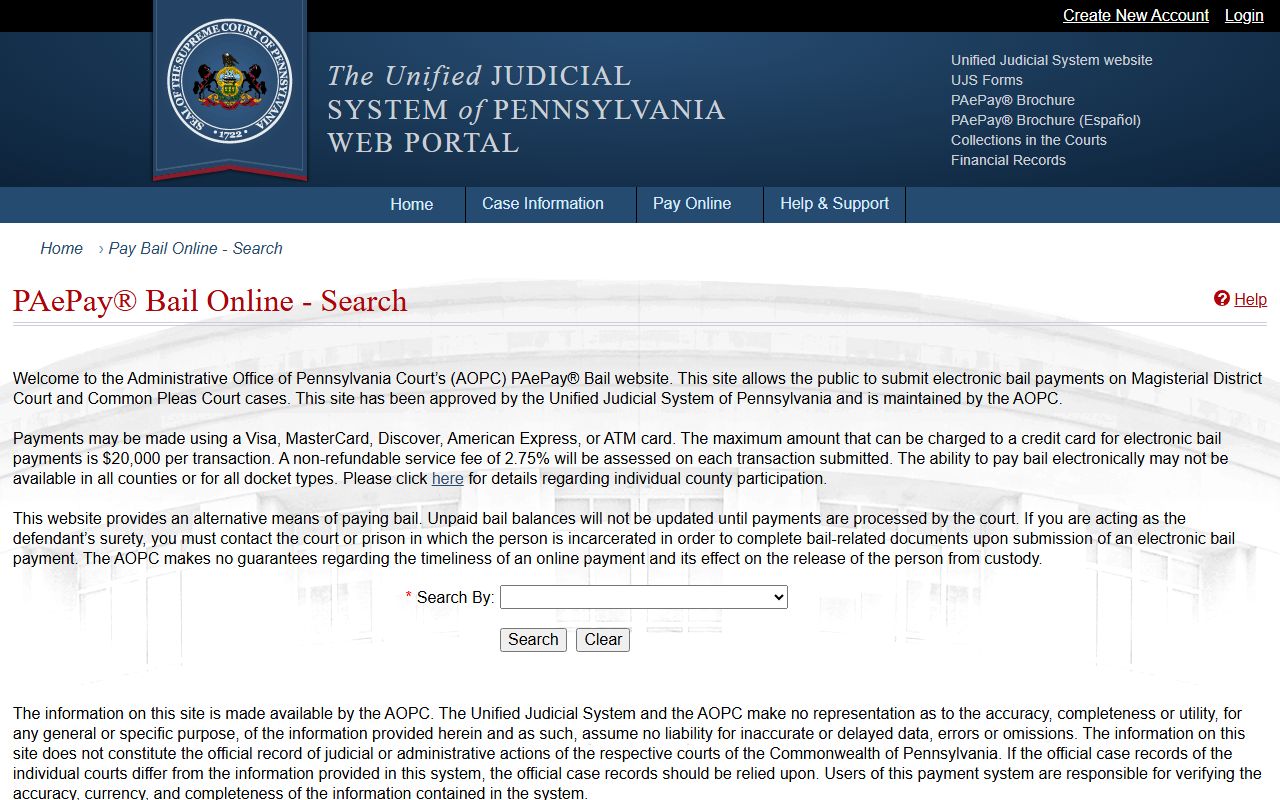 PAePay bail portal for court records after a Lycoming County arrest
